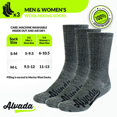 Alvada 80% Merino Wool Hiking Socks Thermal Warm Crew Winter Boot Sock for Men & Women 3 Pairs
