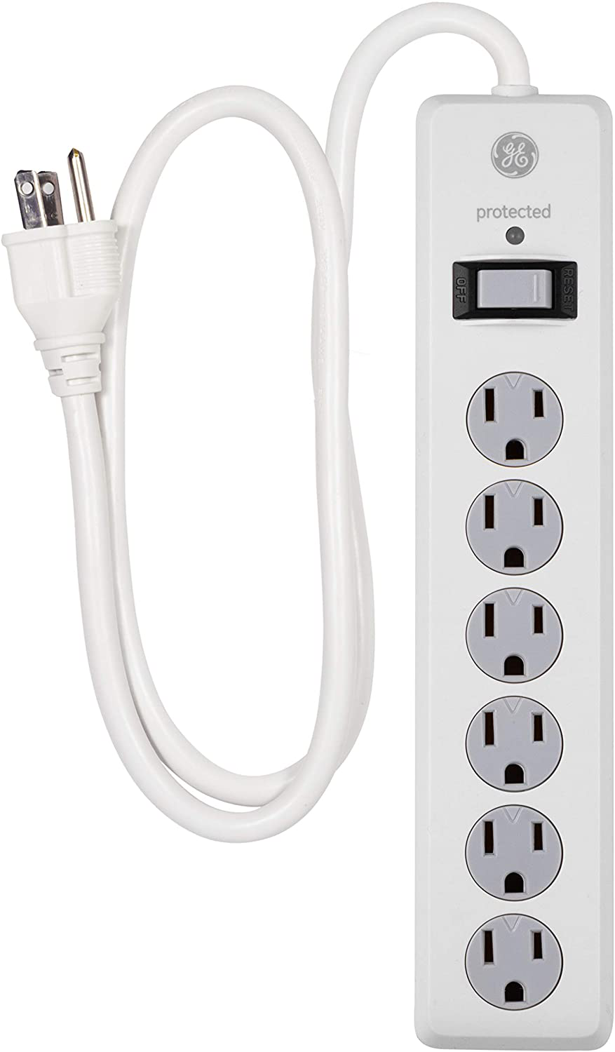 GE 6 Outlet Surge Protector, 10 Ft Extension Cord, Power Strip, 800 Joules, Flat Plug, Twist-to-Close Safety Covers, White, 14092