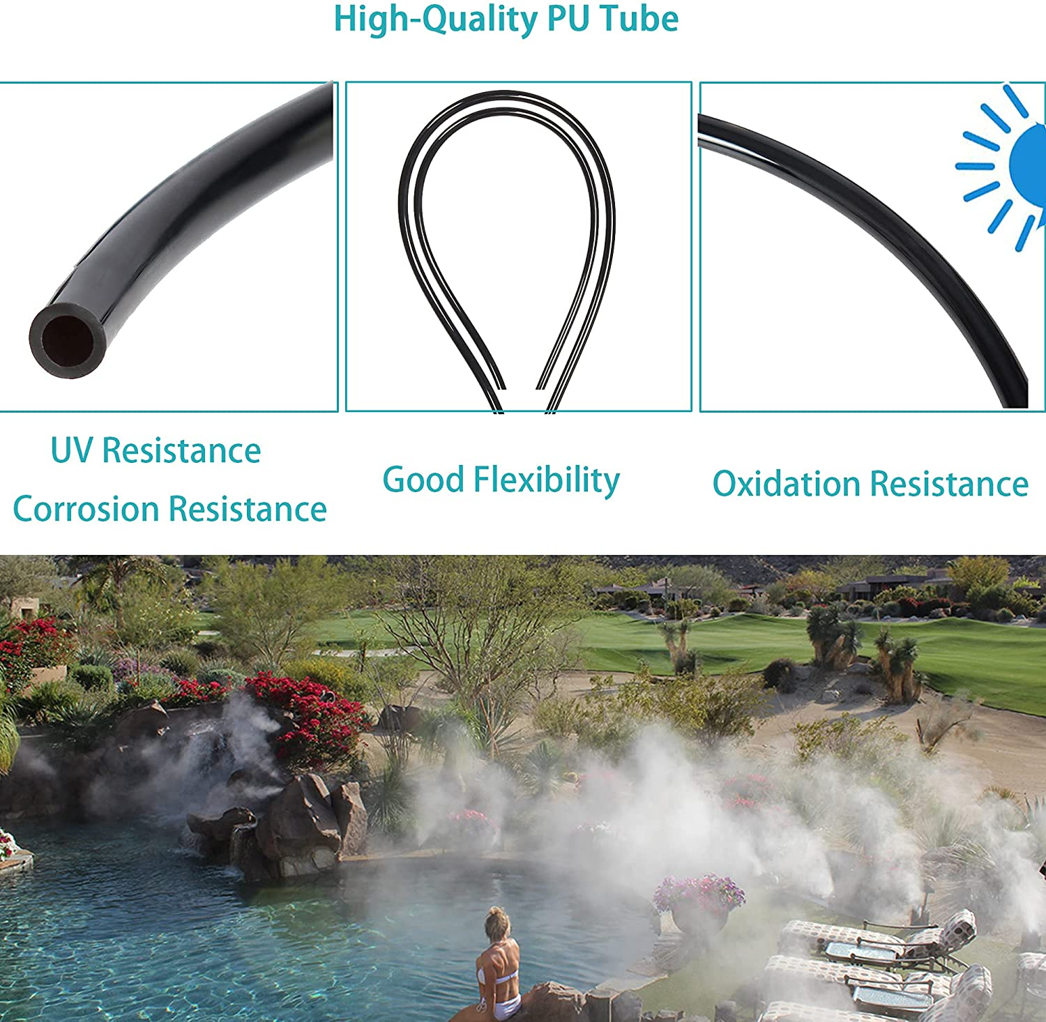 Misting Cooling System, 32.8Ft Misting Line + 14 Brass Nozzles,Misters for Outdoor Patio Garden Greenhouse Trampoline Waterpark