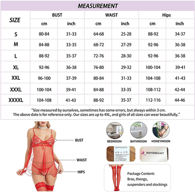 Women Babydoll Lingerie, Lace Nightgown Open Front V Neck Nightwear with Stockings