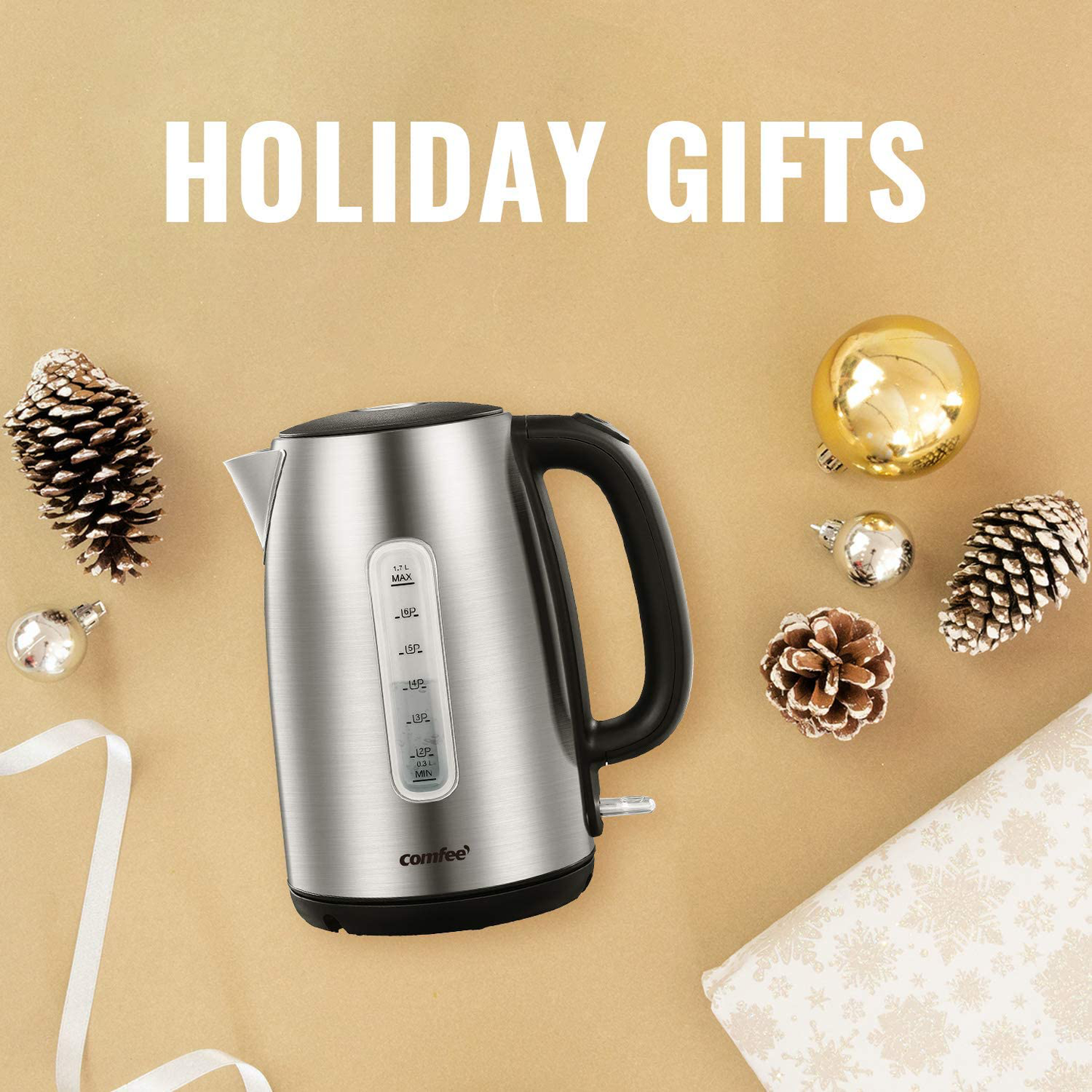 Stainless Steel Cordless Electric Kettle. 1500W Fast Boil with LED Light, Auto Shut-Off and Boil-Dry Protection. 1.7 Liter