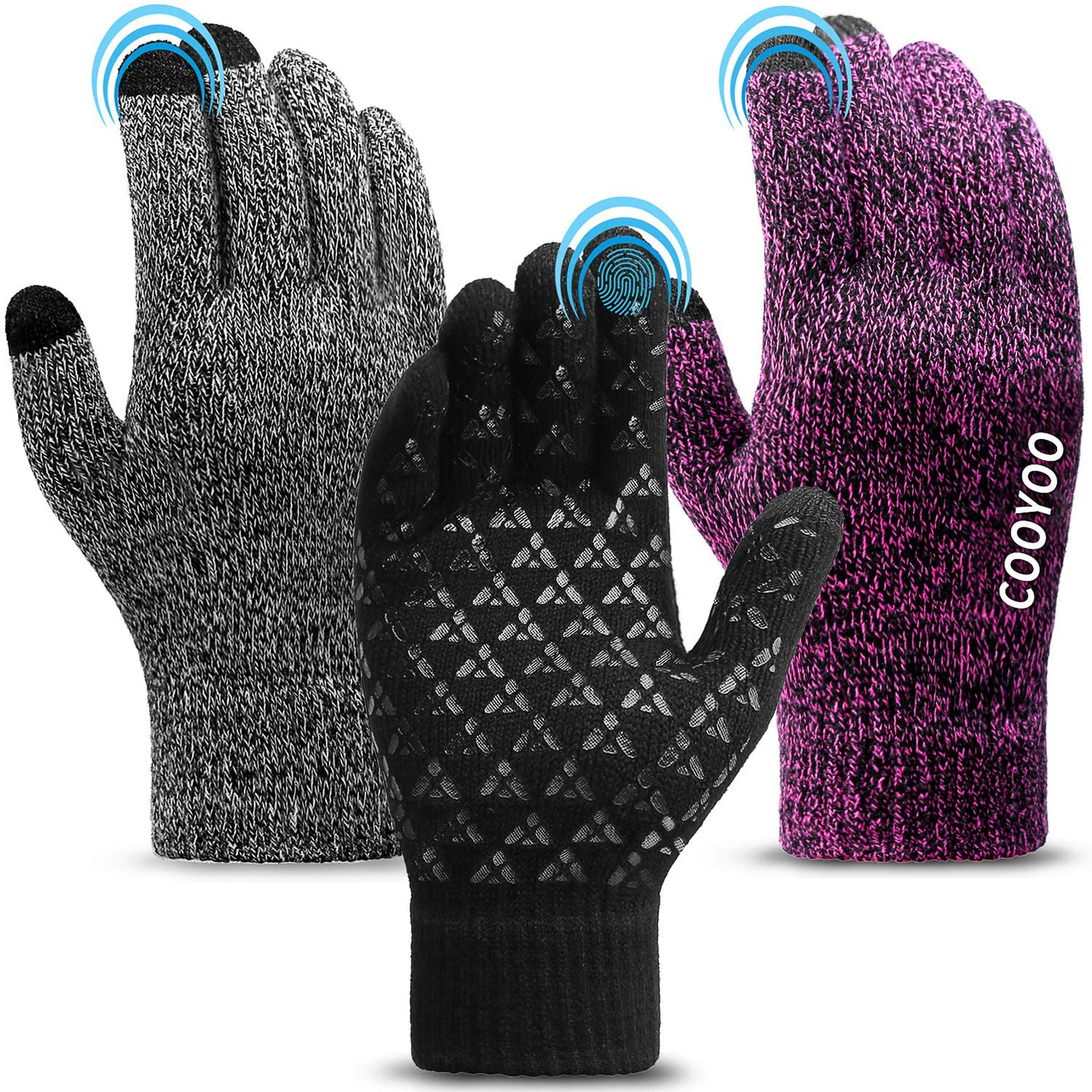 COOYOO Winter Gloves for Women and Men 1/2/3 Pairs,Upgraded Touch Screen Gloves,Anti-Slip Silicone Gel - Elastic Cuff - Thermal Soft Wool Lining - 3 Size Choice