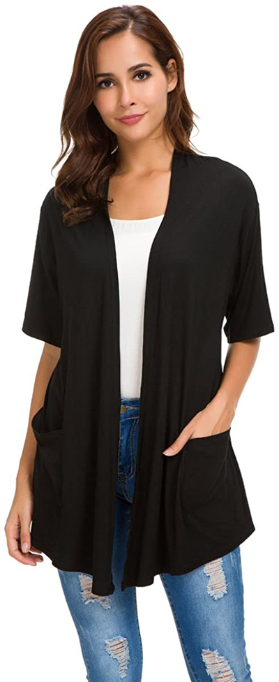 Womens Short Sleeve Open Front Lightweight Casual Comfy Long Line Drape Hem Soft Modal Cardigans Sweater with Two Pockets