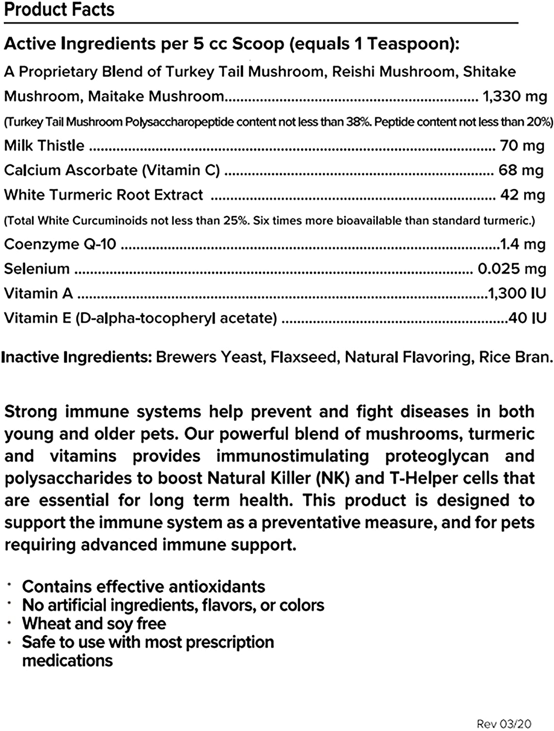 Critical Immune Defense for Dogs & Cats Turkey Tail, Reishi, Shiitake and Maitake Mushroom Formula with Patented White Turmeric Root Extract