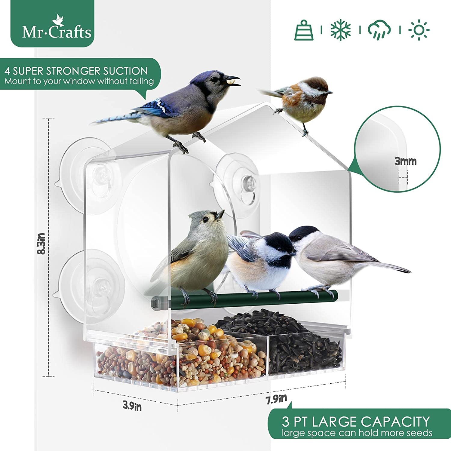 Mrcrafts Window Bird Feeder for outside with Strong Suction Cups, Fits for Cardinals, Finches, Chickadees Etc.