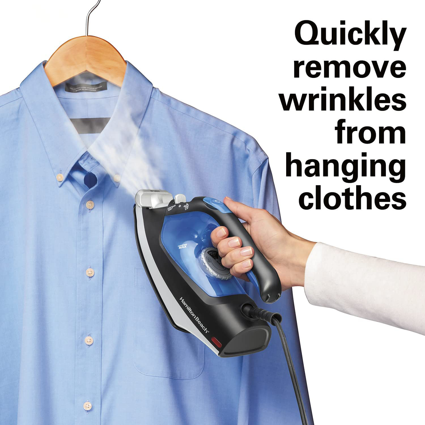 Hamilton Beach Iron 2-in-1 Handheld Iron & Garment Steamer for Clothes with Continuous Steam Nozzle, Nonstick Soleplate, 1200 Watts, Blue/Black