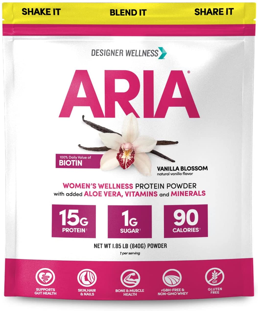 Designer Wellness, Aria, Women'S Wellness Low Calorie Protein Powder with Biotin, Vitamin C and Organic Aloe, Vanilla, 12 Oz