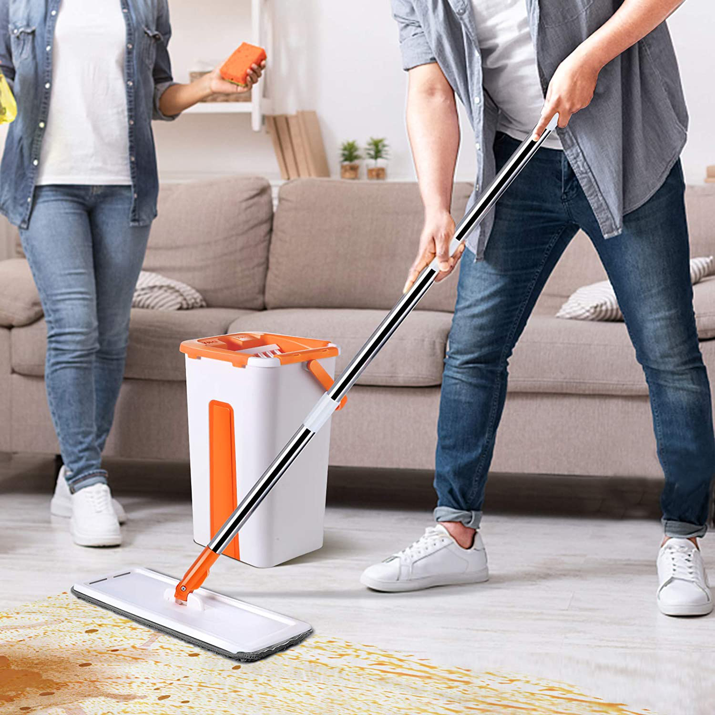 Flat Floor Mop and Bucket Set with 10 PCS Microfiber Mop Pads,Self Cleaning Squeeze Mop and Bucket System with Extended Stainless Steel Handle for Floor Cleaning