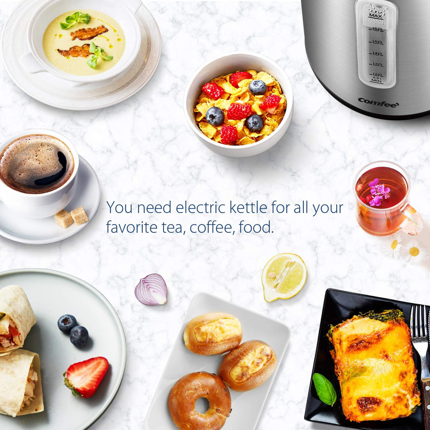Stainless Steel Cordless Electric Kettle. 1500W Fast Boil with LED Light, Auto Shut-Off and Boil-Dry Protection. 1.7 Liter