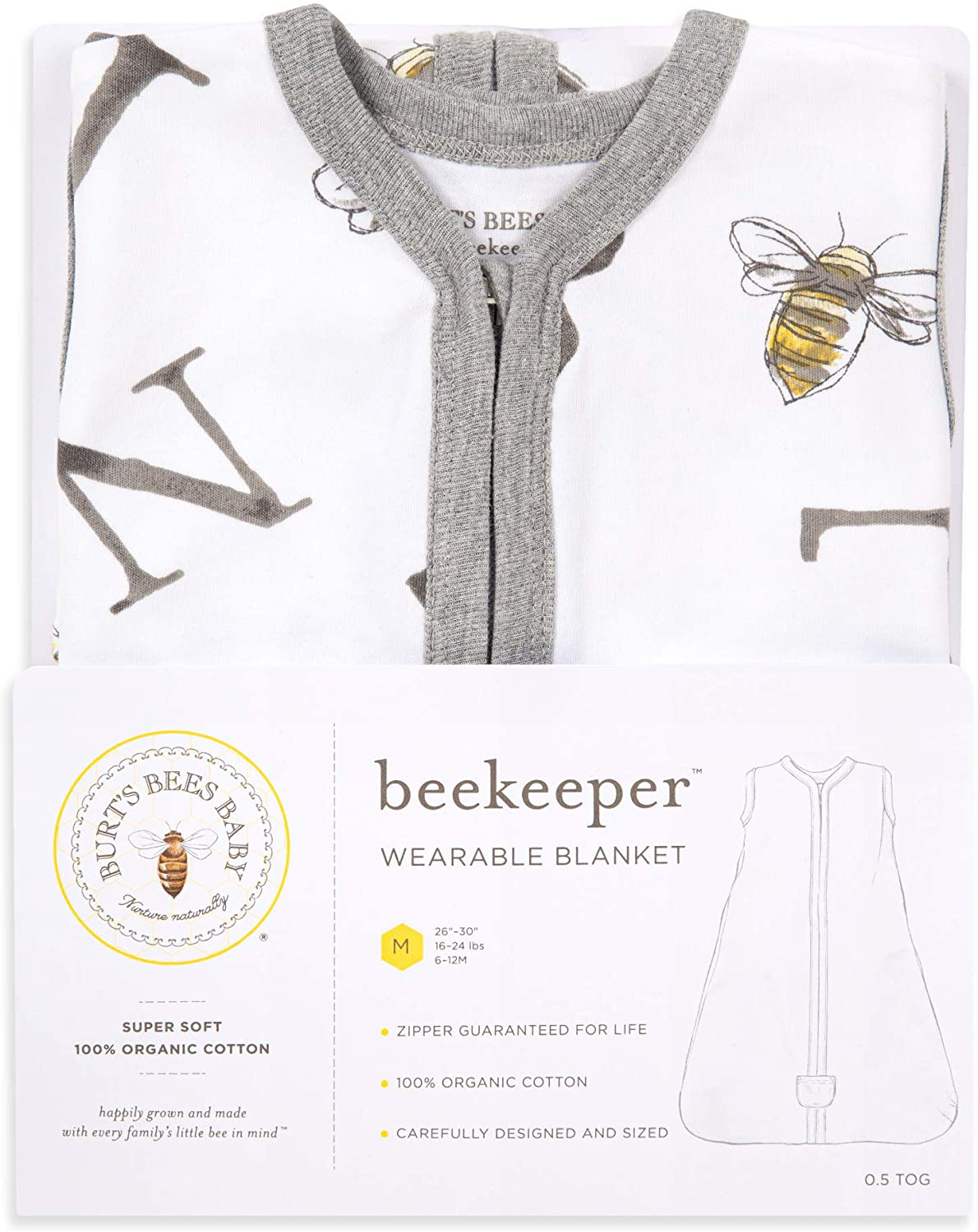 Burt's Bees Baby Unisex-Baby Beekeeper Wearable Blanket, 100% Organic Cotton, Swaddle Transition Sleeping Bag