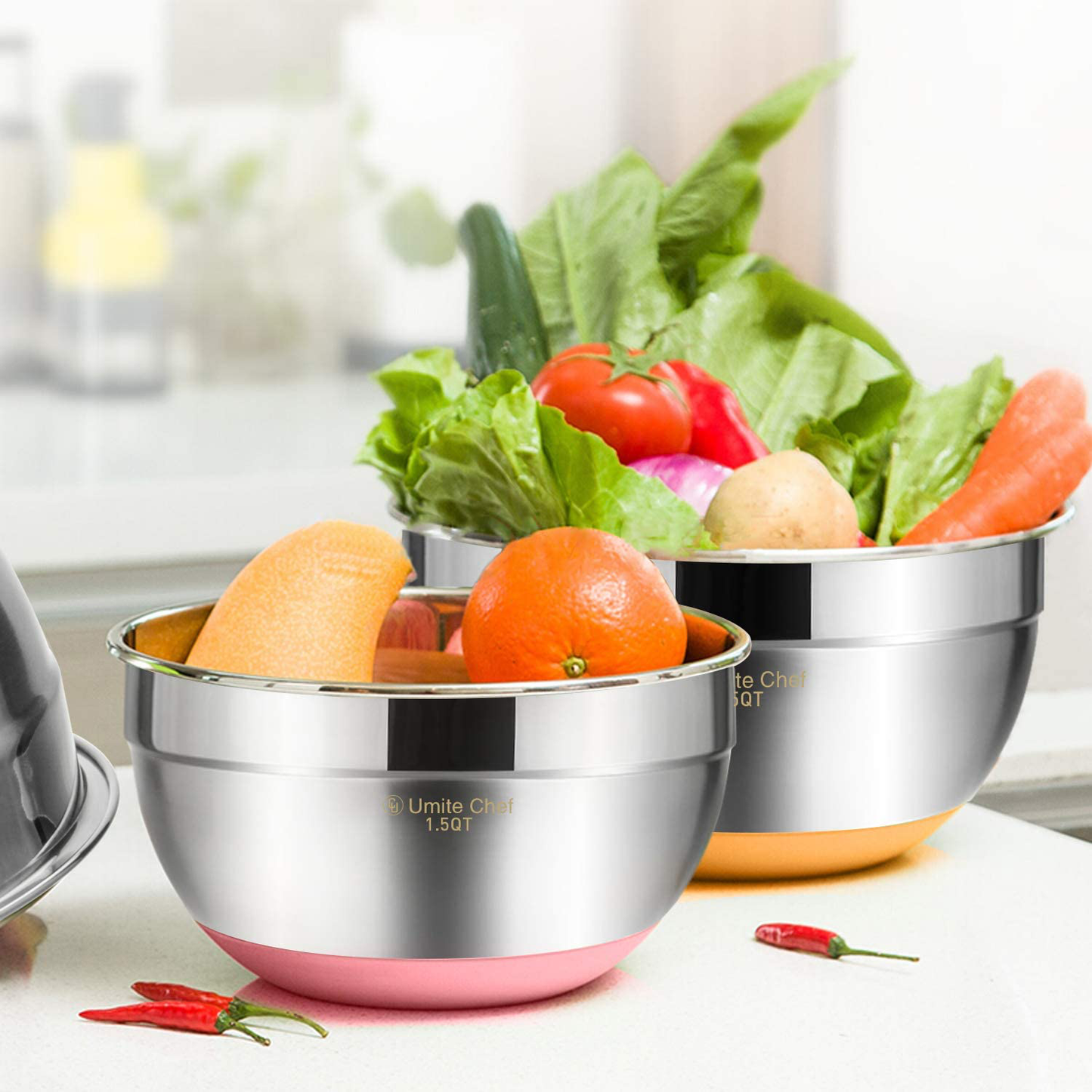 Mixing Bowls with Airtight Lids, 6 piece Stainless Steel Metal Bowls by Umite Chef, Colorful Non-Slip Bottoms Size 7, 3.5, 2.5, 2.0,1.5, 1QT, Great for Mixing & Serving