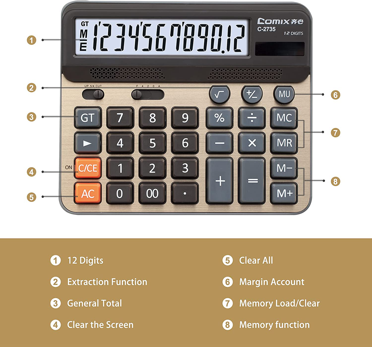 Comix Desktop Calculator, Large Computer Keys, 12 Digits Display, Champaign Gold Color Panel, C-2735