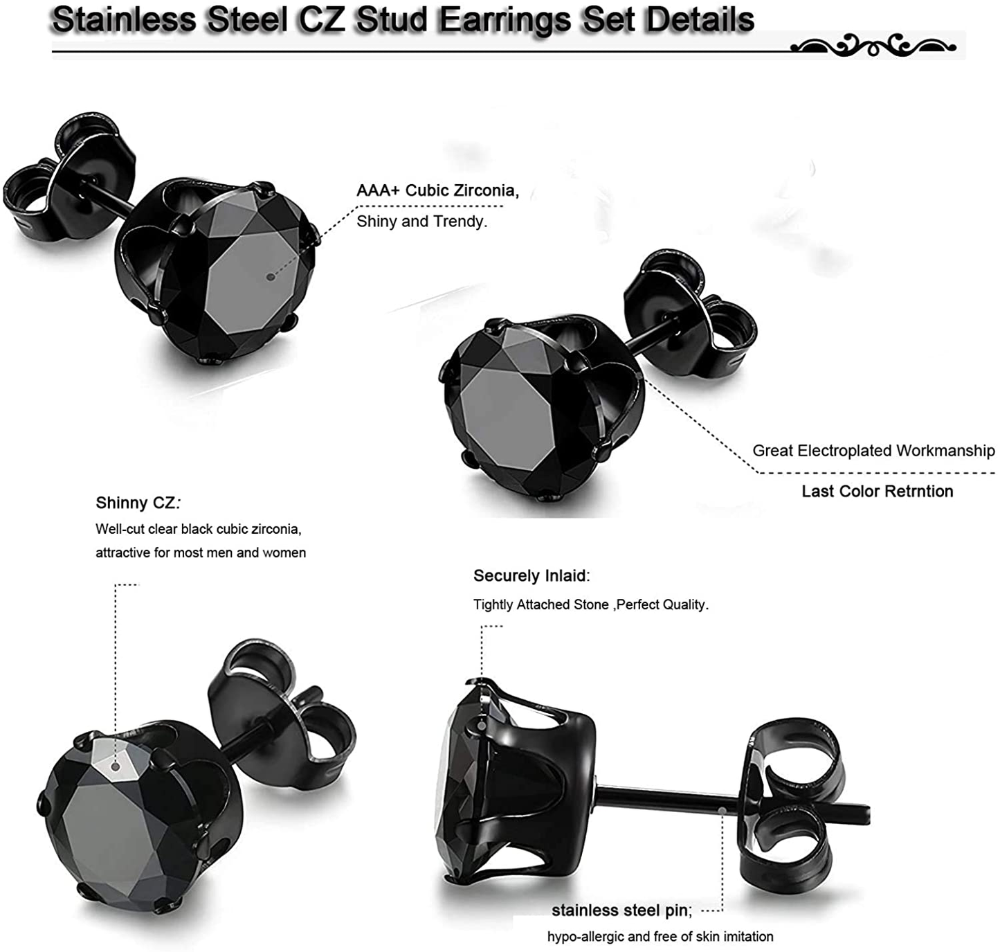 6 Pair Stainless Steel Mens Womens Stud Earrings Set Black and Clear round Cubic Zirconia Inlaid Pierced Hypoallergenic 3-5Mm(12Pcs,3 Pairs Black,3 Pairs Clear)