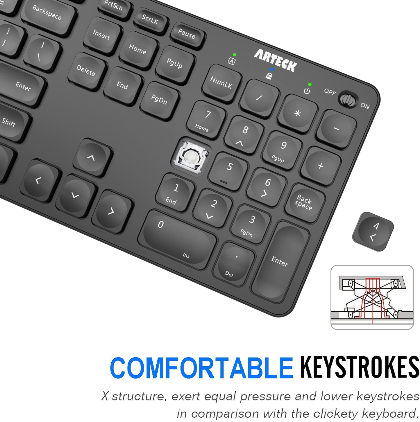 Arteck 2.4G Wireless Keyboard Ultra Slim Full Size Keyboard with Numeric Keypad and Media Hotkey for Computer/Desktop/Pc/Laptop/Surface/Smart TV and Windows 10/8/ 7 Built-In Rechargeable Battery