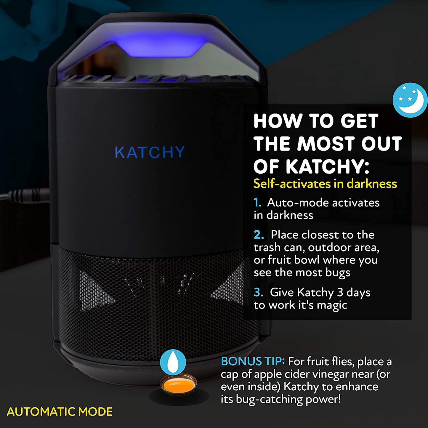 KATCHY Automatic Indoor Insect and Flying Bugs Trap, Fruit Fly Gnat Mosquito Killer with UV Light Fan, Sticky Glue Boards, No Zapper, Light Sensor (Black)