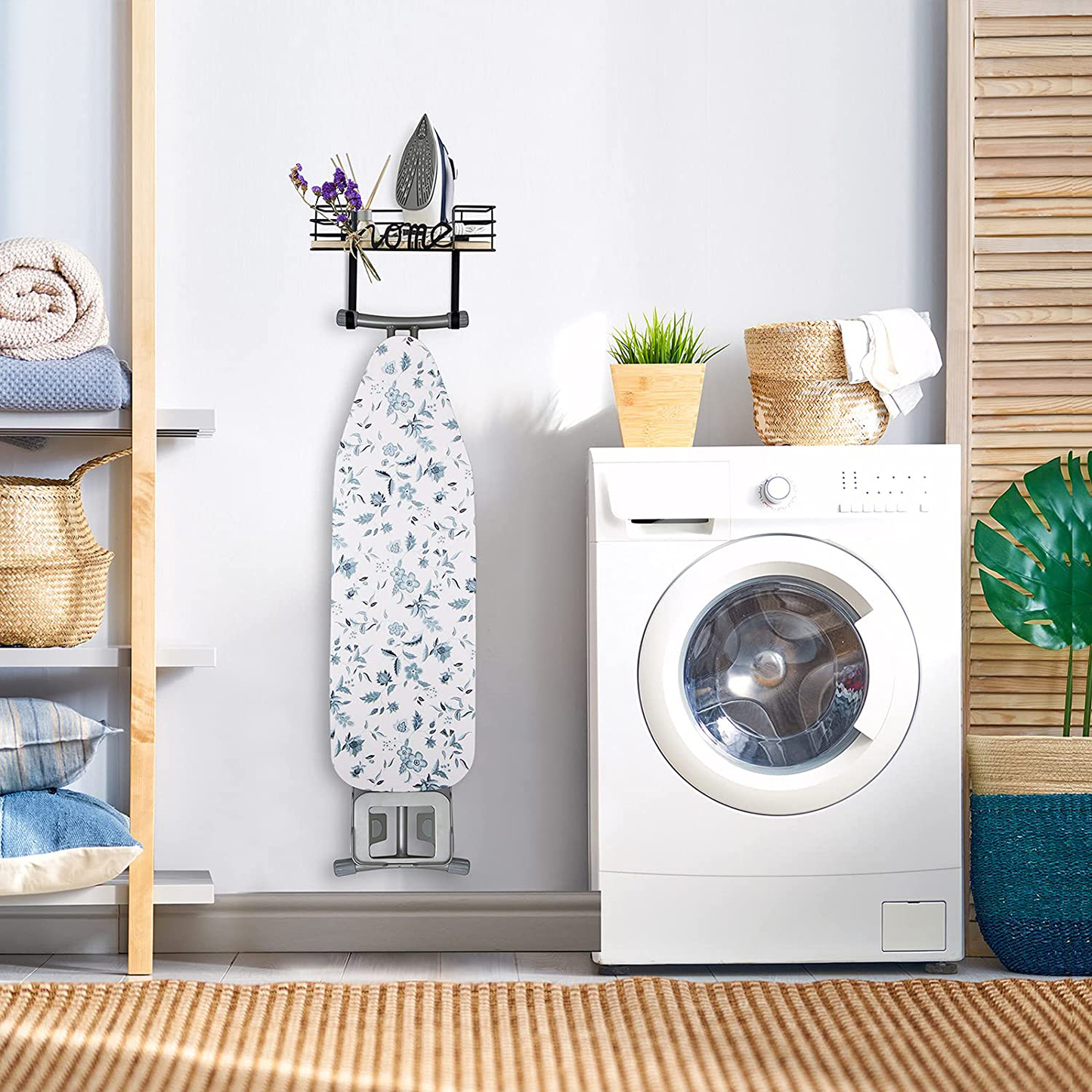 TJ.MOREE Laundry Room Decor-Ironing Board Hanger- Metal Wall Mount Iron and Ironing Board Holder, Laundry Room Organization and Storage with Large Storage Black Wooden Base Basket and Removable Hooks