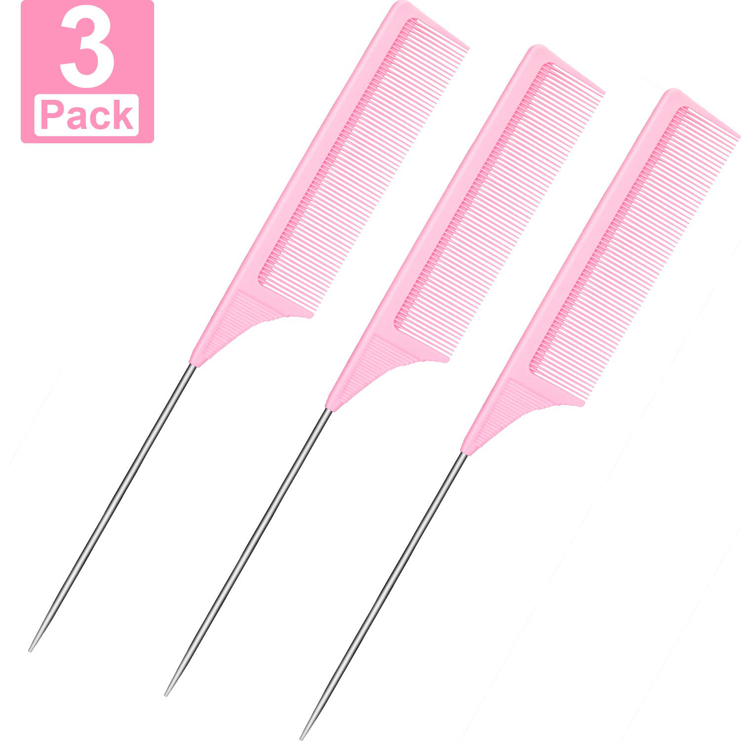 3 Packs Rat Tail Comb Steel Pin Rat Tail Carbon Fiber Heat Resistant Teasing Combs with Stainless Steel Pintail
