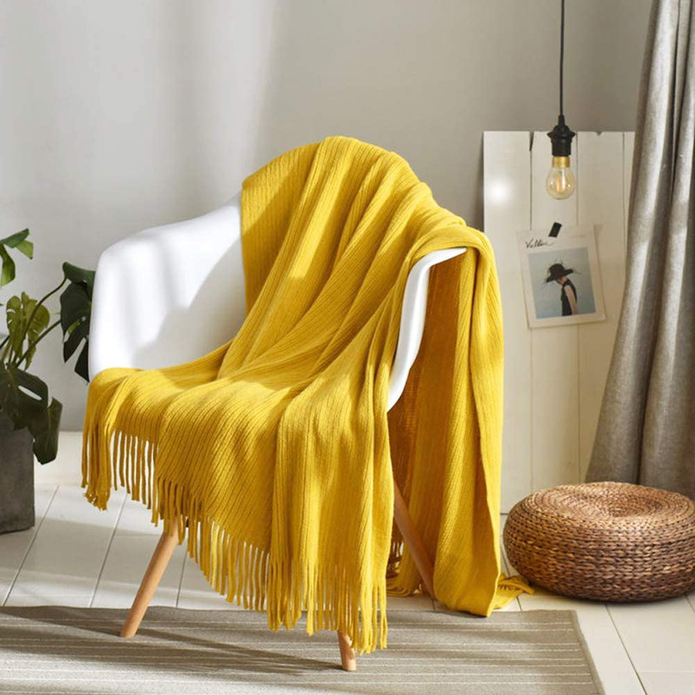 LALIFIT Throw Blanket with Tassel Solid Soft Sofa Couch Cover Decoration Knitted Blankets Gifts for Home Decorate 50" x 60"(Chevron Yellow)