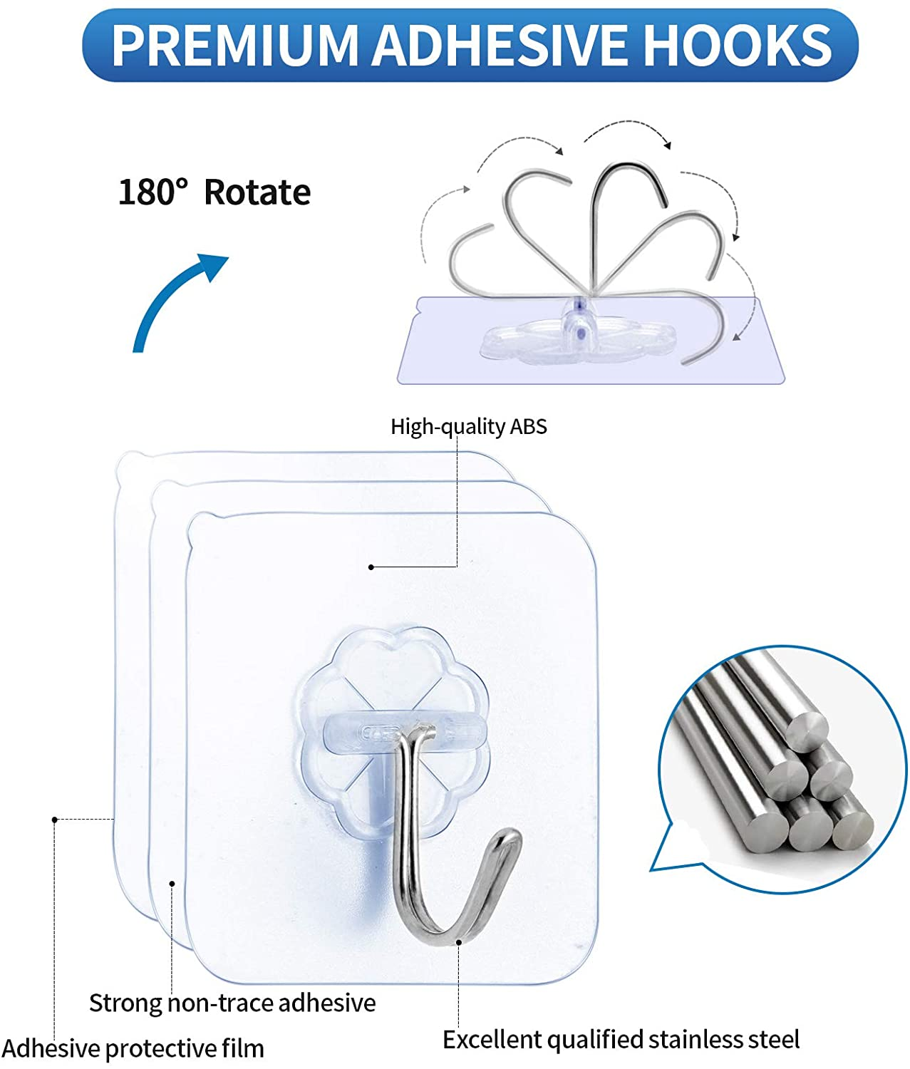 Premium Adhesive Hooks Kitchen Wall Hooks,Heavy Duty 13Lb(Max) Wall Hooks, Transparent Reusable Seamless Hooks with Stainless Hooks Reusable Utility Towel Bath Ceiling Office Window Hooks,10 Pack