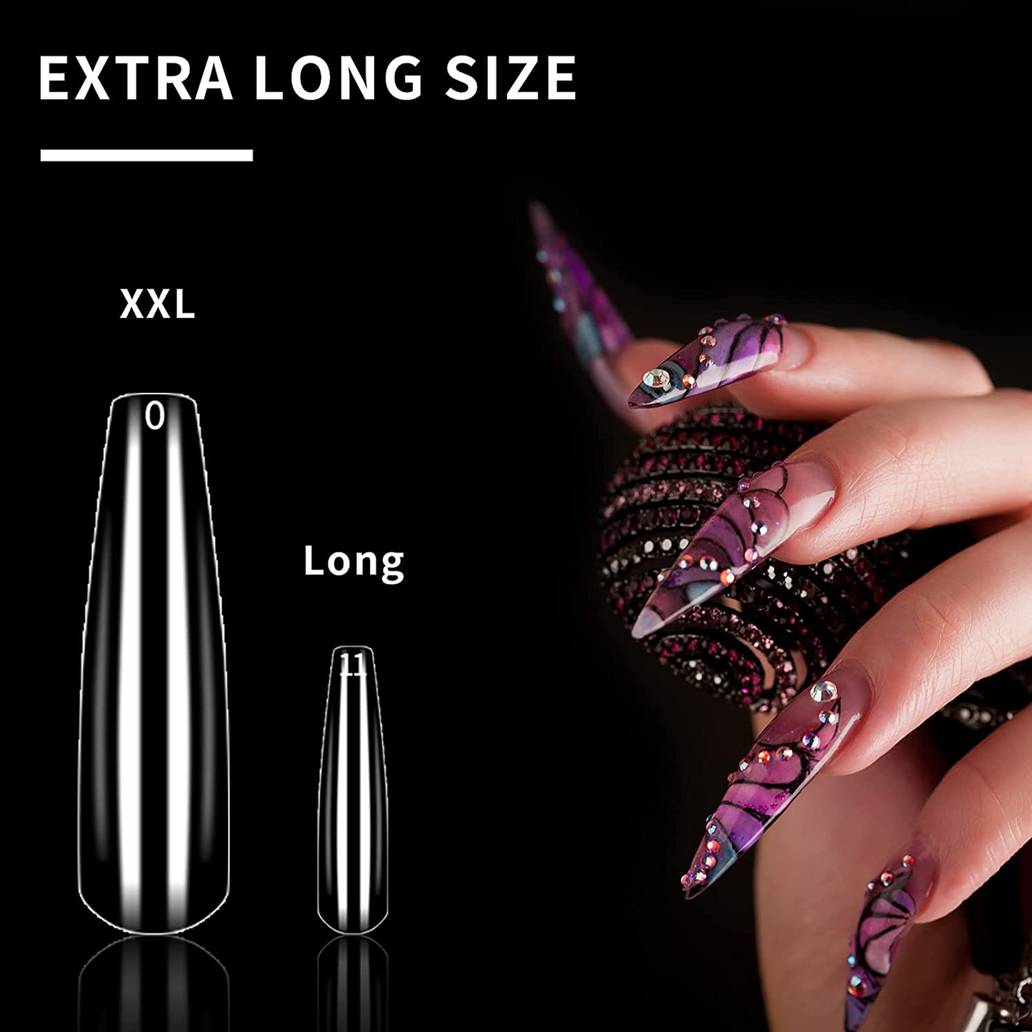 Auseibeely 240PCS Extra Long Full Cover Clear Coffin Nails, XXL Ballerina False Nail Tips Acrylic Nail Tips Kit with Nail Glue/Clipper/File Nail Tools for Nail Art Salons Home DIY, 10 Sizes