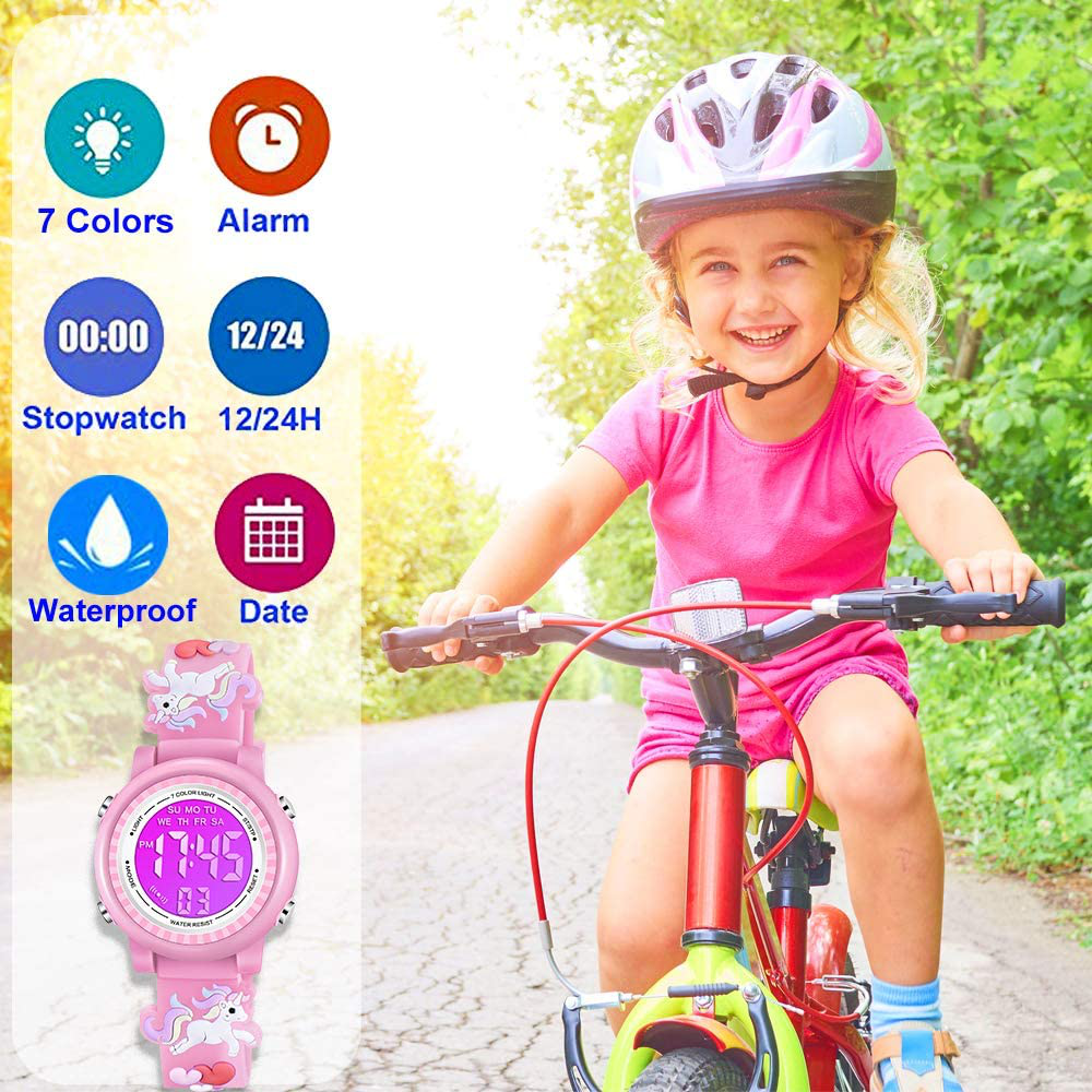 Venhoo Kids Watches 3D Cartoon Waterproof 7 Color Lights Toddler Wrist Digital Watch with Alarm Stopwatch for 3-10 Year Girls Little Child