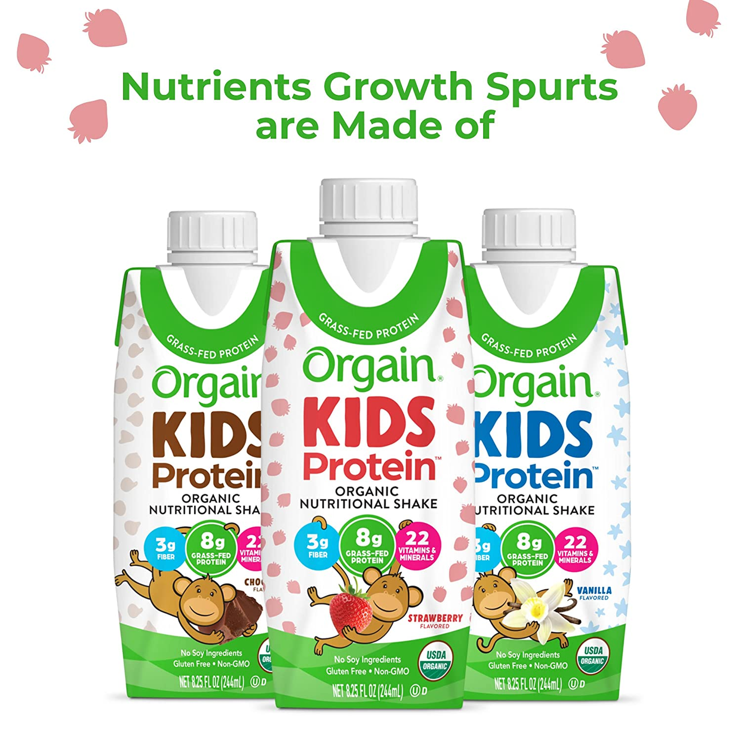 Orgain Organic Kids Protein Nutritional Shake, Strawberry - 8G of Protein, 22 Vitamins & Minerals, Fruits & Vegetables, Gluten Free, Soy Free, Kosher, Non-Gmo, 8.25 Oz, 12 Ct (Packaging May Vary)
