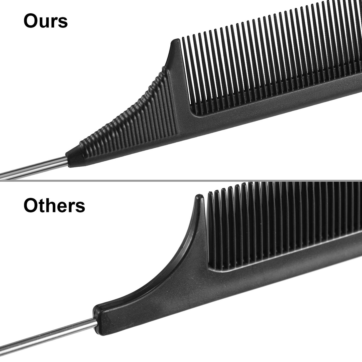 3 Packs Rat Tail Comb Steel Pin Rat Tail Carbon Fiber Heat Resistant Teasing Combs with Stainless Steel Pintail