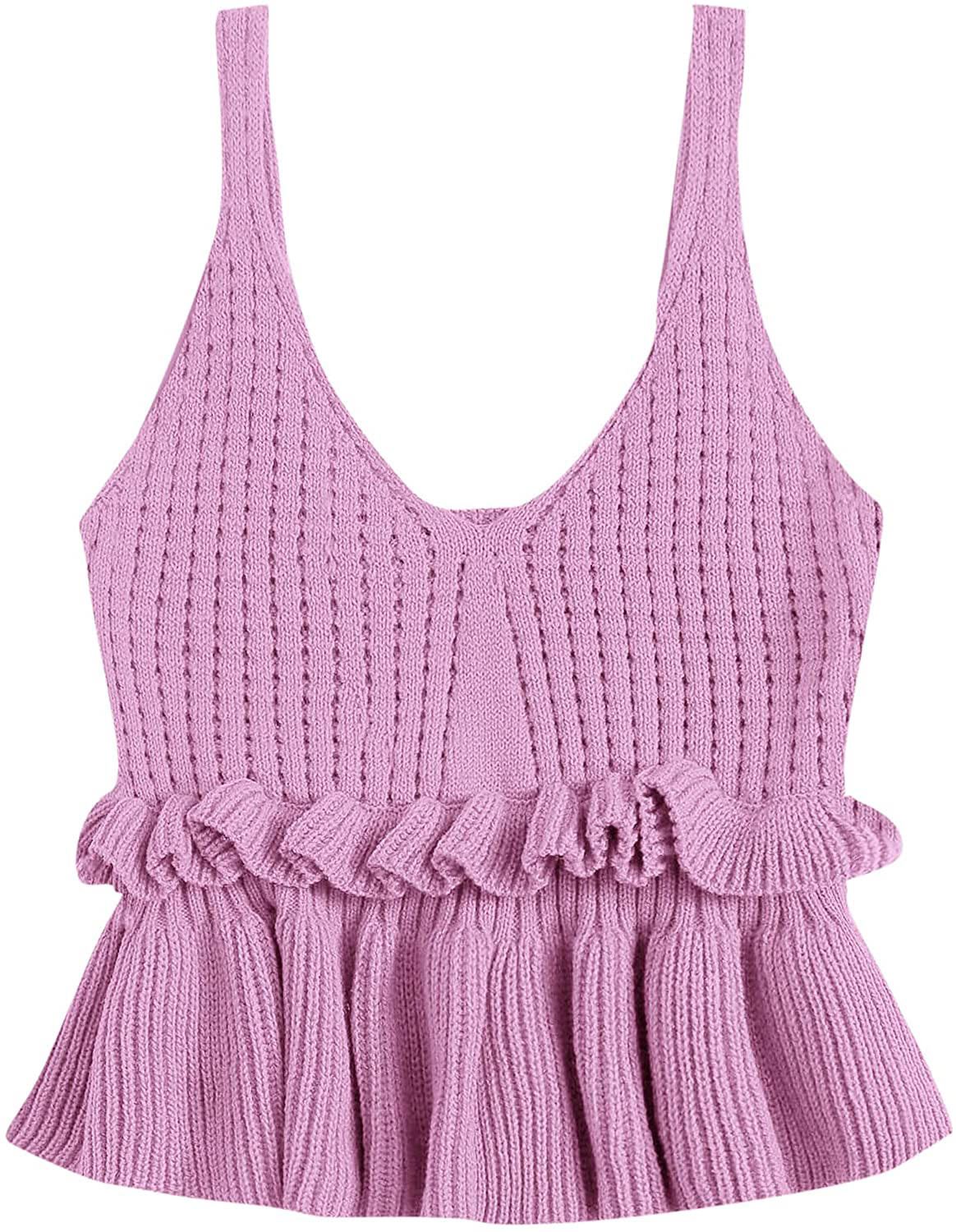 SweatyRocks Women's Casual Knit Top Sleeveless Ruffle Hem V Neck Peplum Crop Tank Top
