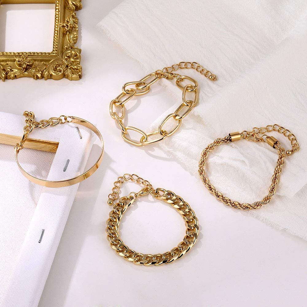 IFKM Gold Bracelets for Women, 14K Gold Plated Dainty Layered Chain Bracelets Adjustable Cute Charm Bangle Link Bracelet Set