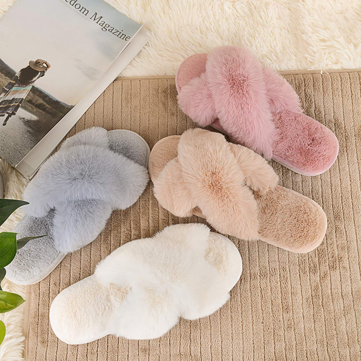 Women'S Cross Band Slippers Soft Plush Furry Cozy Open Toe House Shoes Indoor Outdoor Faux Rabbit Fur Warm Comfy Slip on Breathable