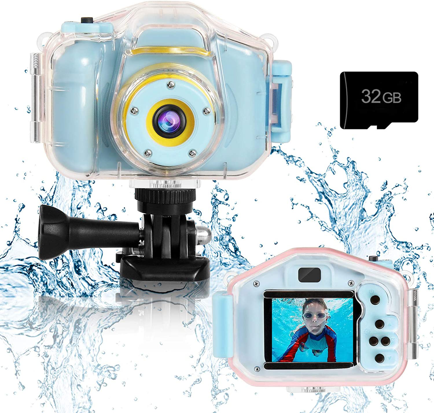 Agoigo Kids Waterproof Camera Toys for 3-12 Year Old Underwater Sports Camera HD Children Digital Action Camera 2 Inch Screen with 32GB Card
