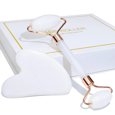 Face Roller & Gua Sha Set, BAIMEI Jade Facial Roller Beauty Massage Tool, for Face, Neck and Body Muscle Relaxing, Relieve Fine Lines and Wrinkles (White)