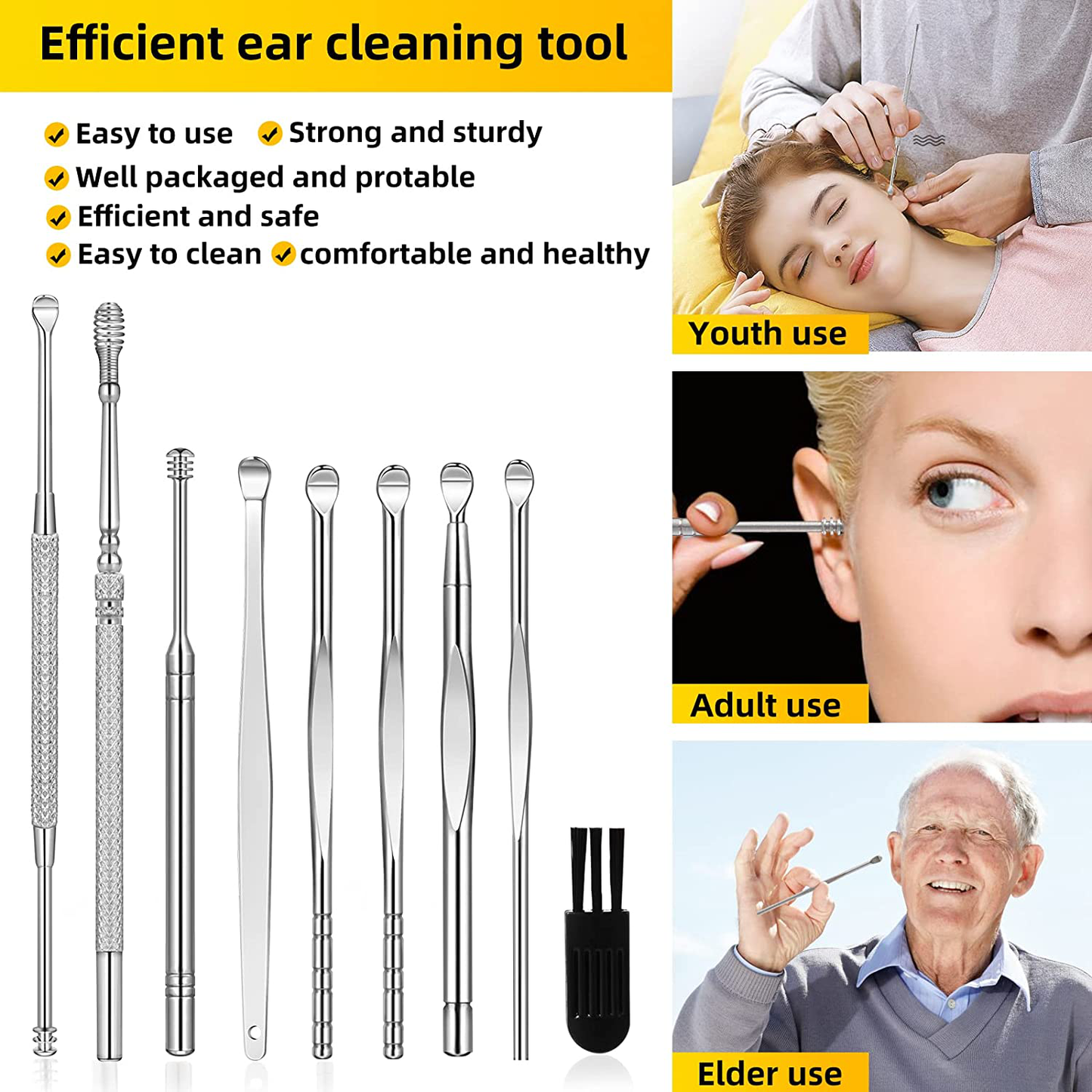 9 Pcs Ear Pick Earwax Removal Kit, Ear Cleansing Tool Set, Ear Wax Removal Tool, Ear Curette Ear Wax Remover Tool with a Cleaning Brush and Storage Box, Medical Grade, for Children and Adults,Silver