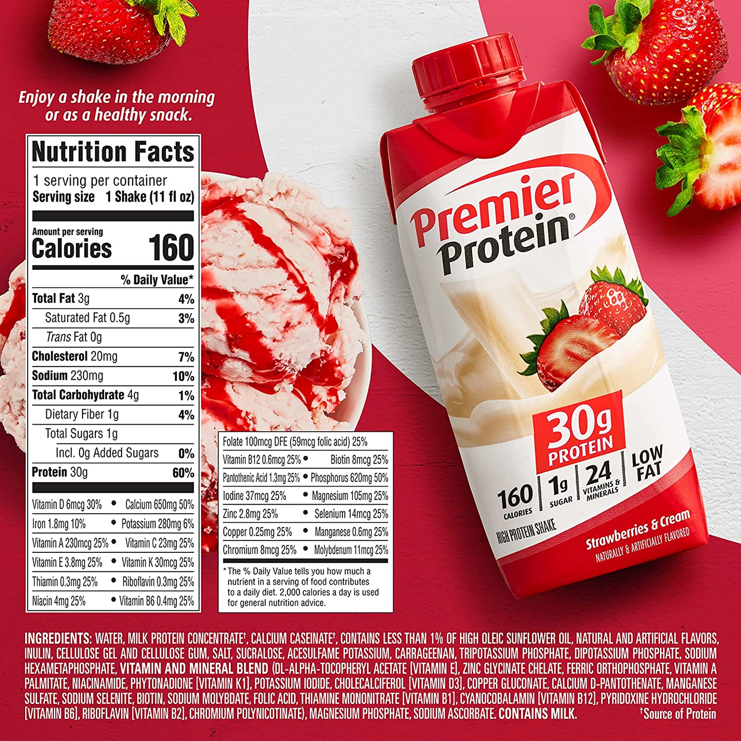 Premier Protein 30G Protein Shakes, Strawberries & Cream 11 Fluid Ounces (Pack of 4)