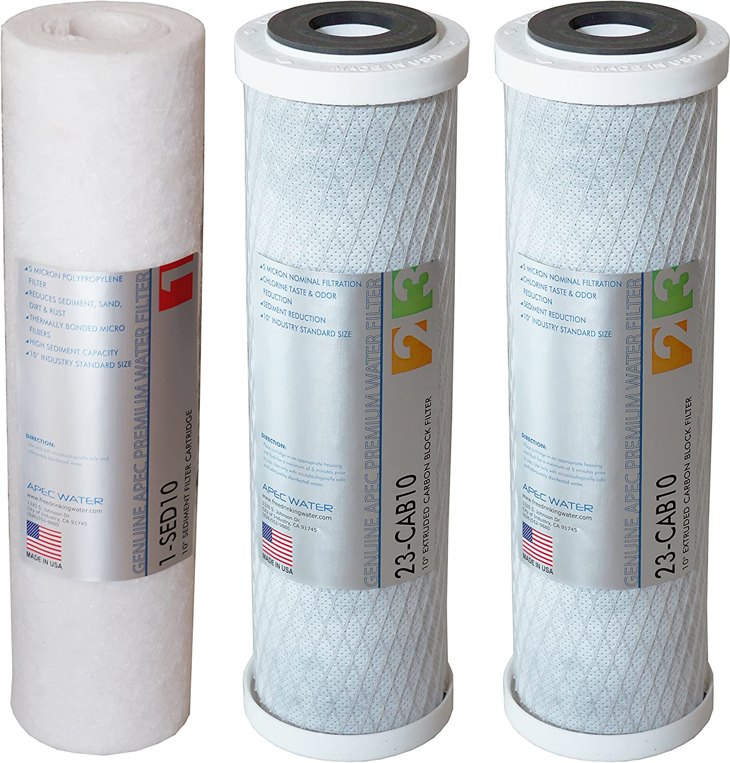 APEC Water Systems Filter-Set US Made Double Capacity Replacement Stage 1-3 for Reverse Osmosis System, White & DE 10" Inline Carbon Filter with ¼” Quick Connect For Reverse Osmosis Filter System