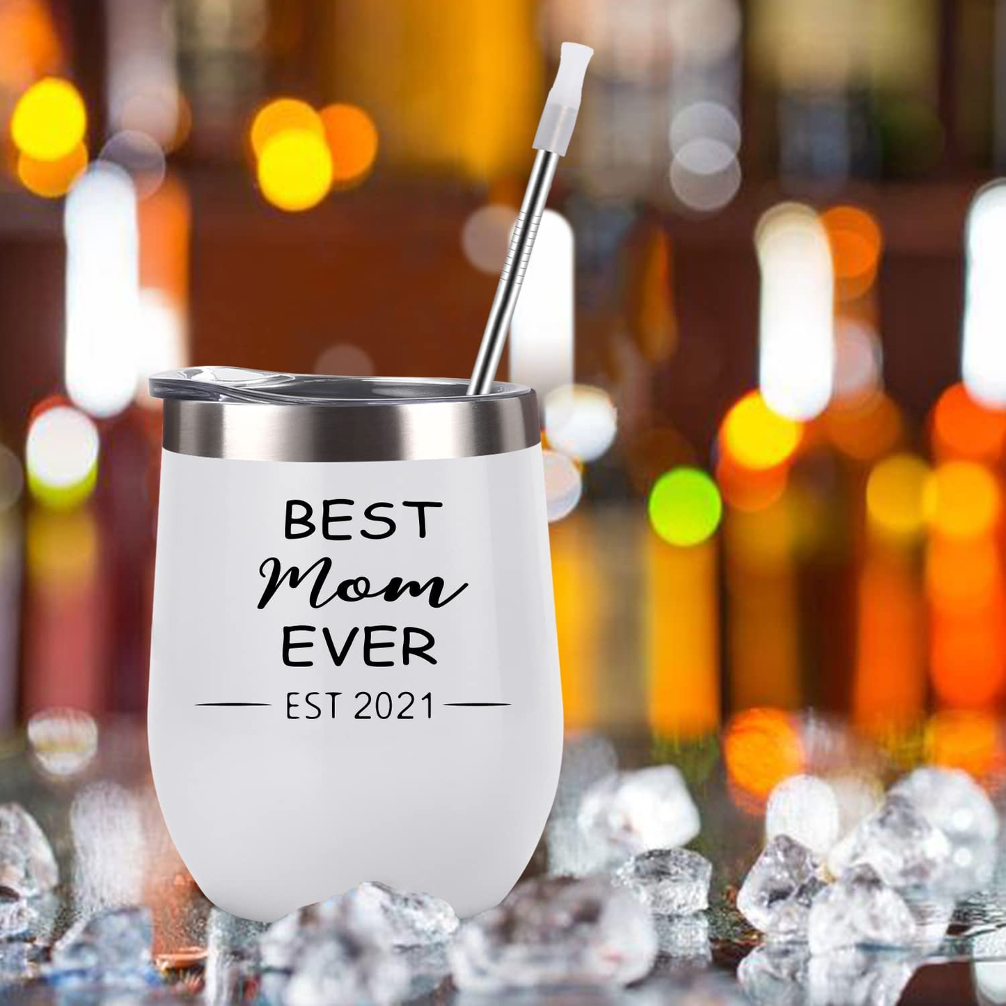 New Parents Gifts, Best Dad and Mom Ever Est 2021 Tumbler Set, New Mom and Dad Parents Baby Shower New Pregnancy Gift, Insulated Stainless Steel Wine Tumbler with Lid Straw(12Oz, Black and White)