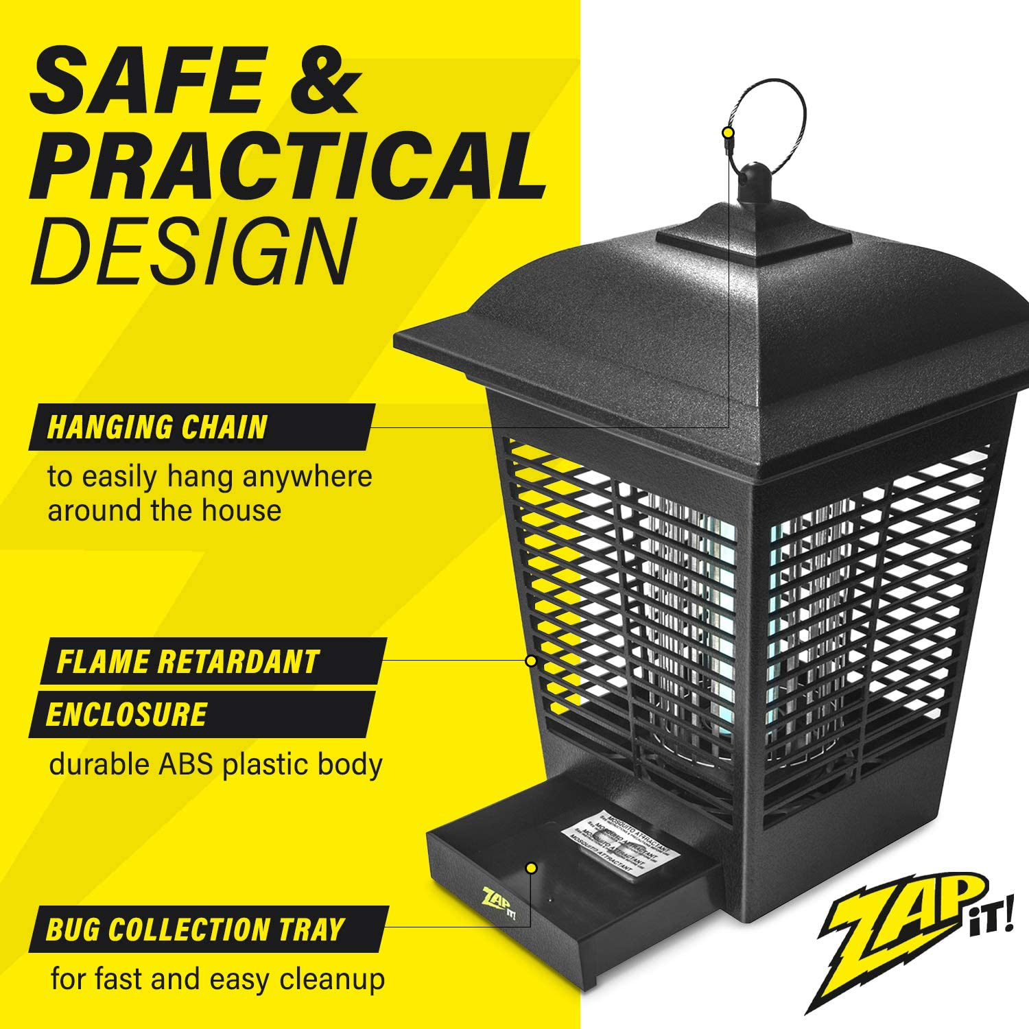ZAP IT! Electric Indoor/Outdoor Bug Zapper (3,000 Volt) Waterproof 360 Degree Mosquito, Bug, and Insect Killer - Non-Toxic Attractant UV Light and Electric Shock - Bug Collector to Easily Clean