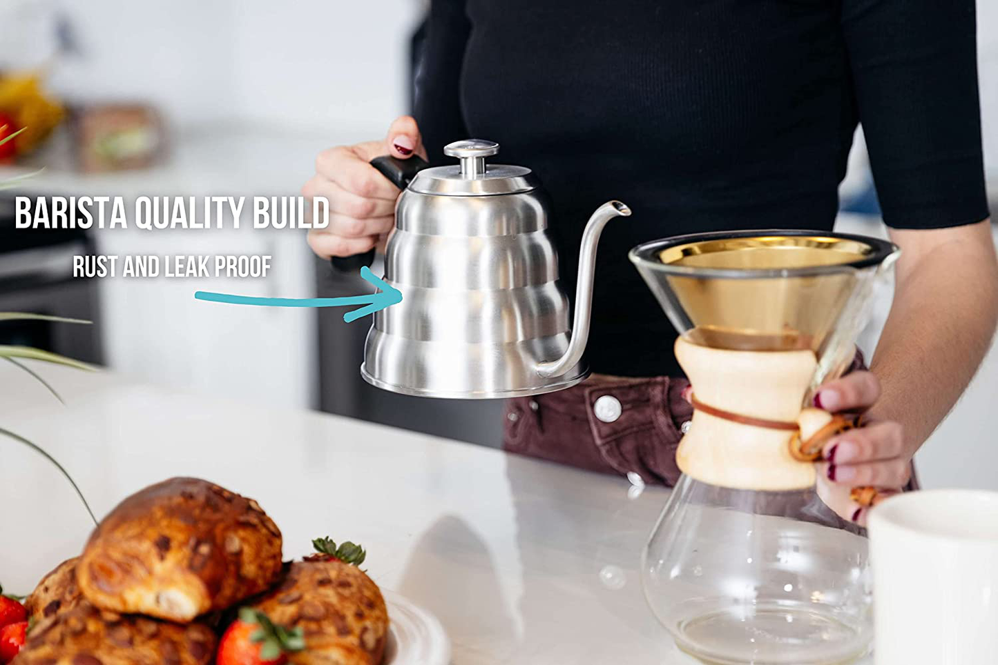 Barista Warrior Stainless Steel Pour over Coffee & Tea Kettle with Thermometer for Exact Temperature - Gooseneck Spout Pots - Kitchen Appliances & Dorm Essentials (Copper Coated, 1.2 Liter, 40 Fl Oz)