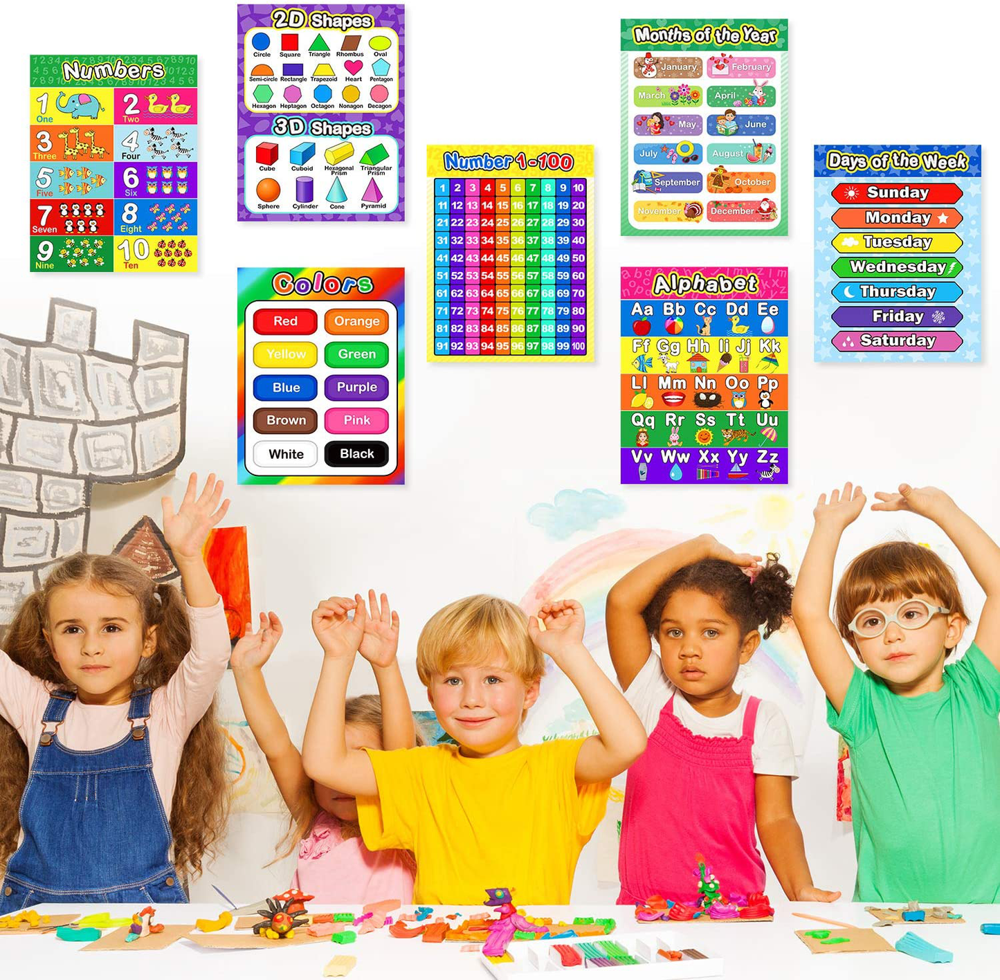 Extra Large Preschool Educational Learning Posters for Kids Toddlers, Nursery Homeschool Pre-K Kindergarten Classroom Decoration, 17 x 22 Inch (4 Pieces, Alphabet, Number 1-10, Shapes, Colors)