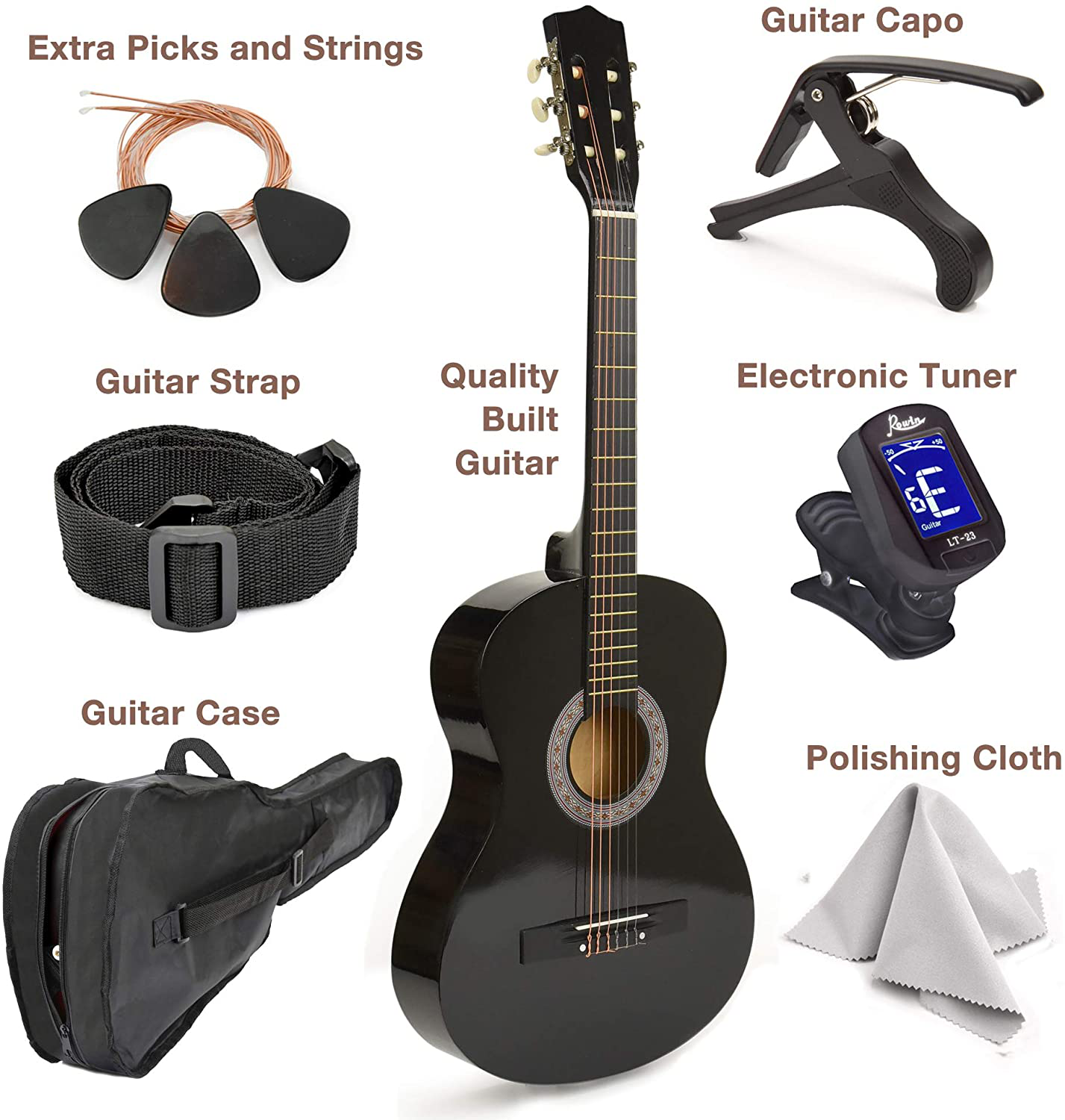 30" Wood Guitar with Case and Accessories for Kids/Girls/Boys/Beginners (Black)