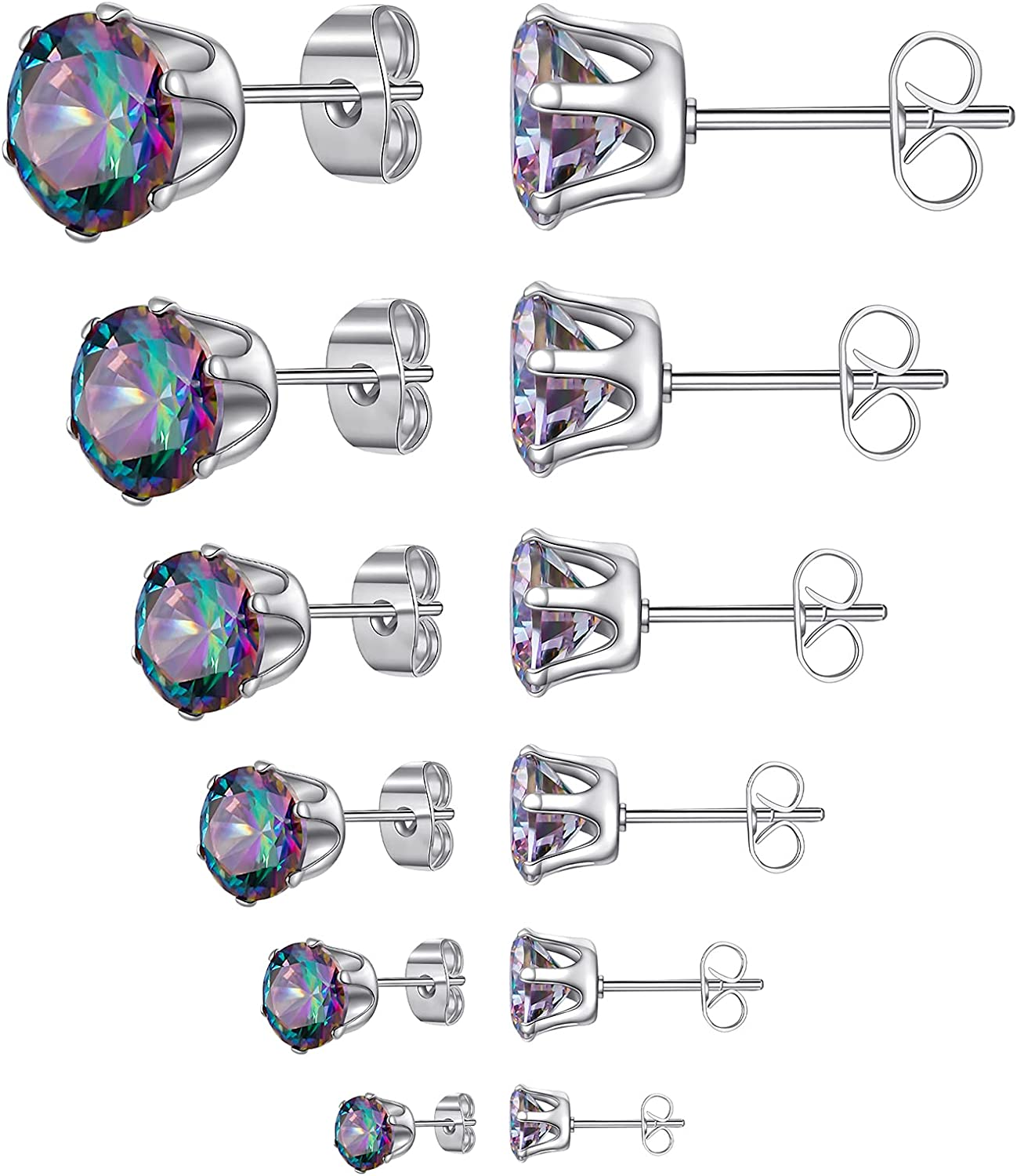 6 Pairs Stud Earrings Set,Clear Cubic Zirconia 316L Stainless Steel Earrings for Women for Men 3-8Mm
