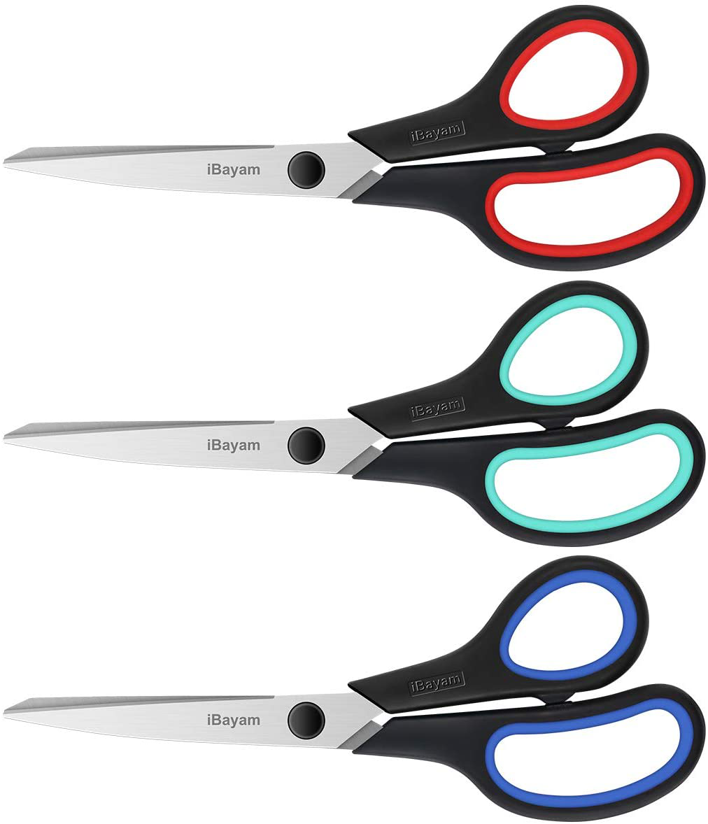 Scissors, iBayam 8" Multipurpose Scissors Bulk 3-Pack, Ultra Sharp Blade Shears, Comfort-Grip Handles, Sturdy Sharp Scissors for Office Home School Sewing Fabric Craft Supplies