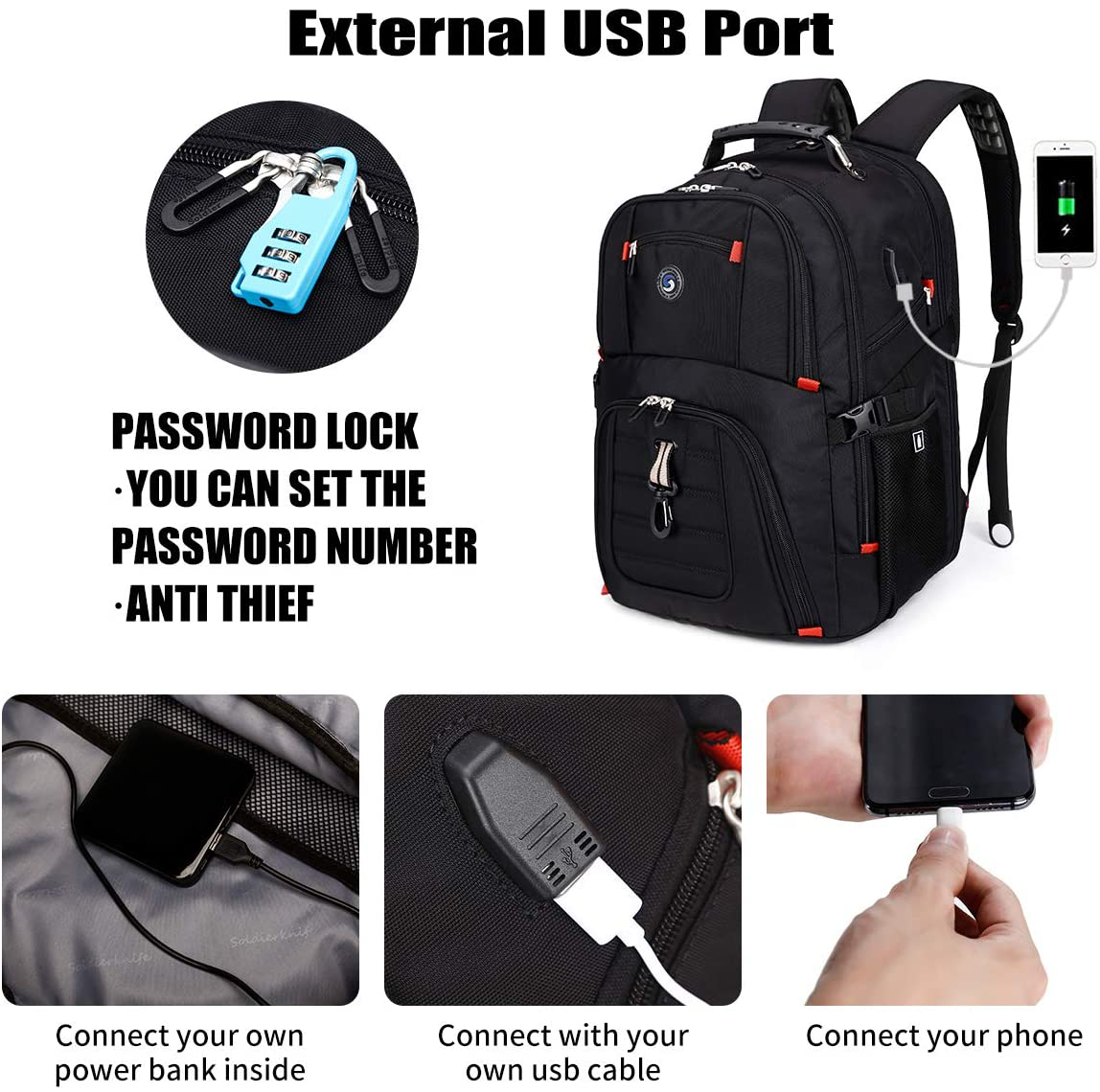 Extra Large 50L Travel Laptop Backpack with USB Charging Port Fits 17 Inch Laptops