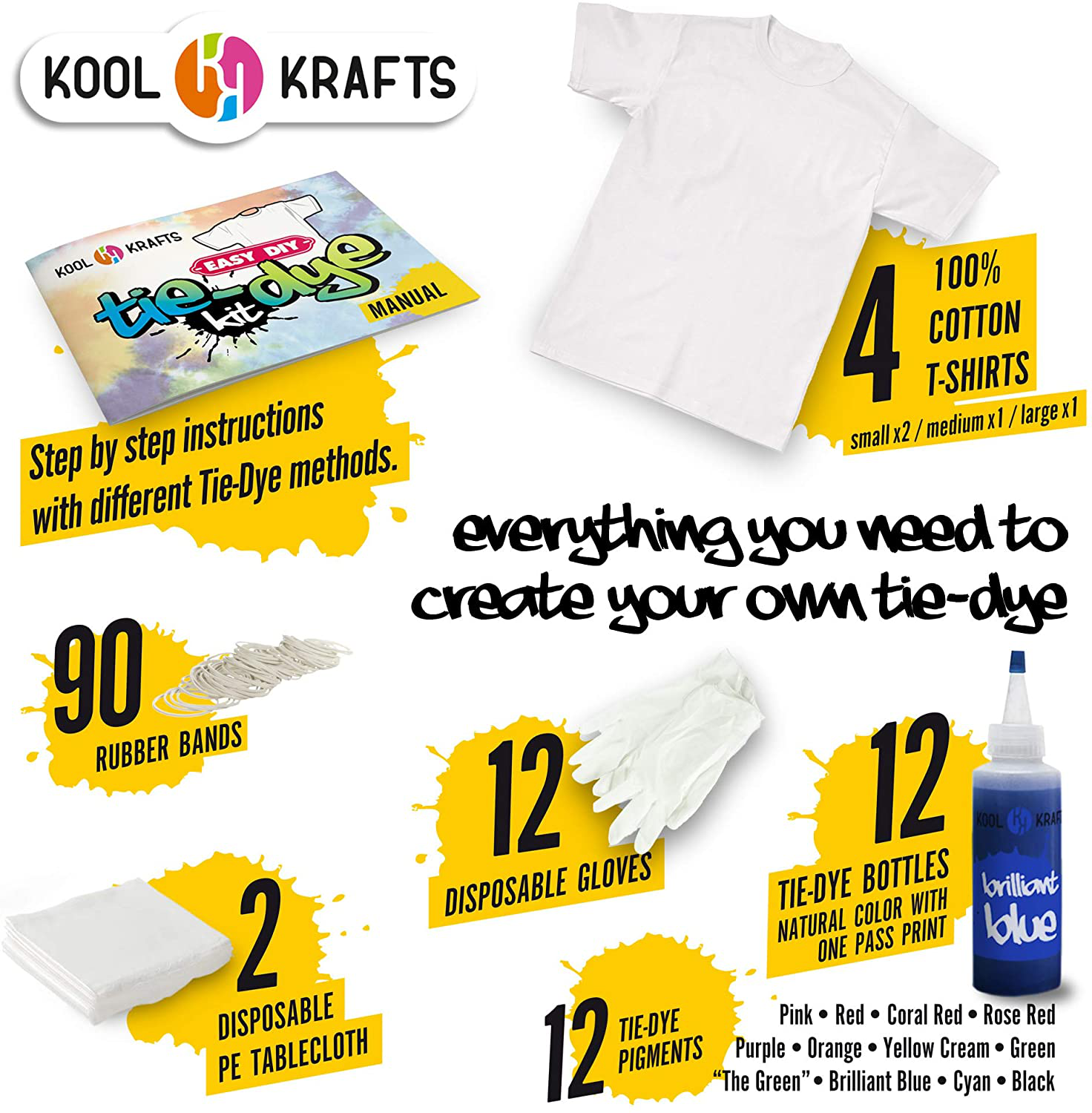 Tie Dye Kit - Tie Dye Kits for Kids - Includes 4 White T-Shirt - 12 Large Colors Tie Dye - Tie Dye Kits for Adults