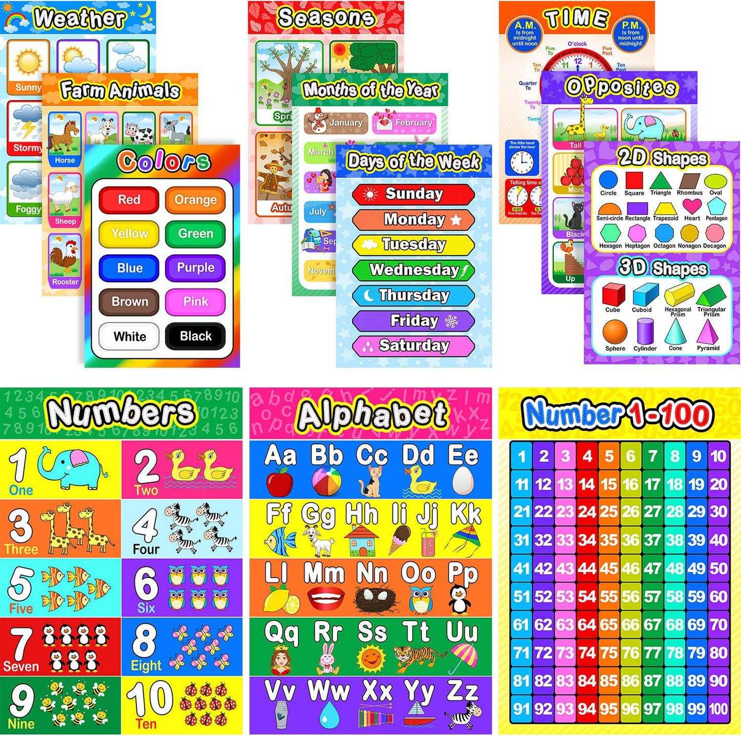 Educational Preschool Poster for Toddler and Kid with Glue Point Dot for Nursery Homeschool Kindergarten Classroom - Teach Numbers Alphabet Colors Days and More 16 x 11 Inch (12 Pieces, English Style)
