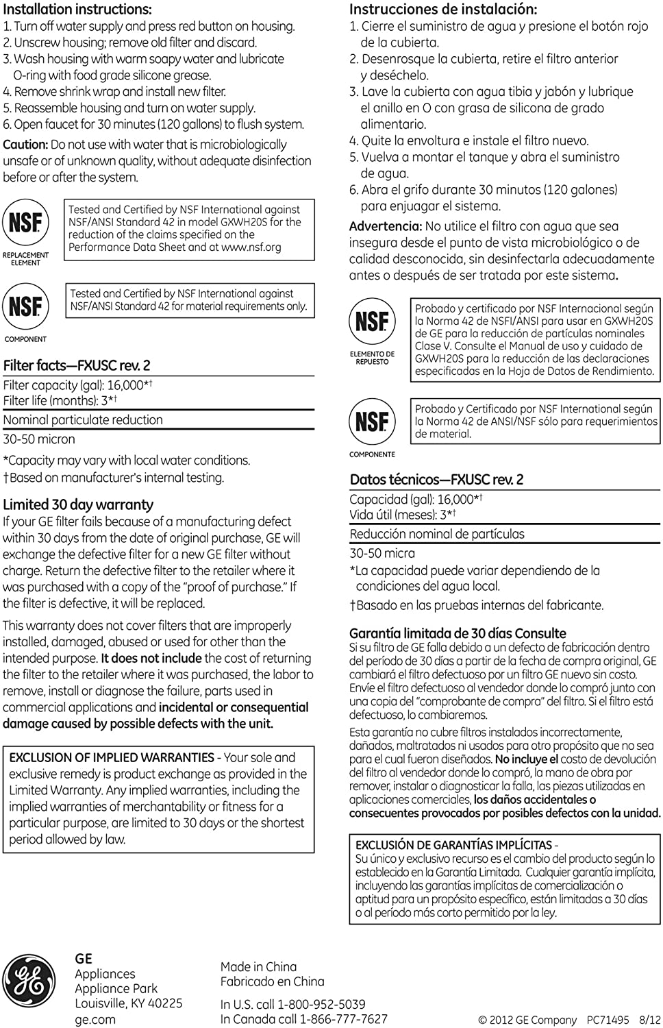 GE Appliances FXUSC Whole Home Universal System Basic Replacement Water Filter (2-pack), White