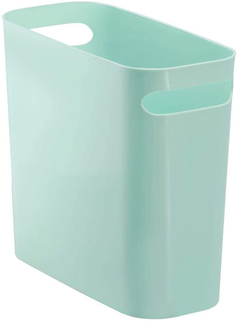 mDesign Slim Plastic Rectangular Small Trash Can Wastebasket, Garbage Container Bin with Handles for Bathroom, Kitchen, Home Office, Dorm, Kids Room - 10" High, Shatter-Resistant - Black