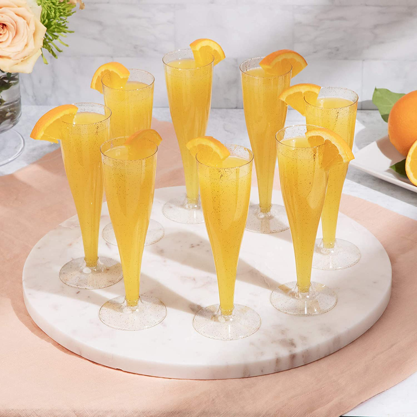 24 Plastic Champagne Flutes Disposable | Gold Glitter Plastic Champagne Glasses for Parties | Glitter Clear Plastic Cups | Plastic Toasting Glasses | Mimosa | Wedding and Shower Party Supplies