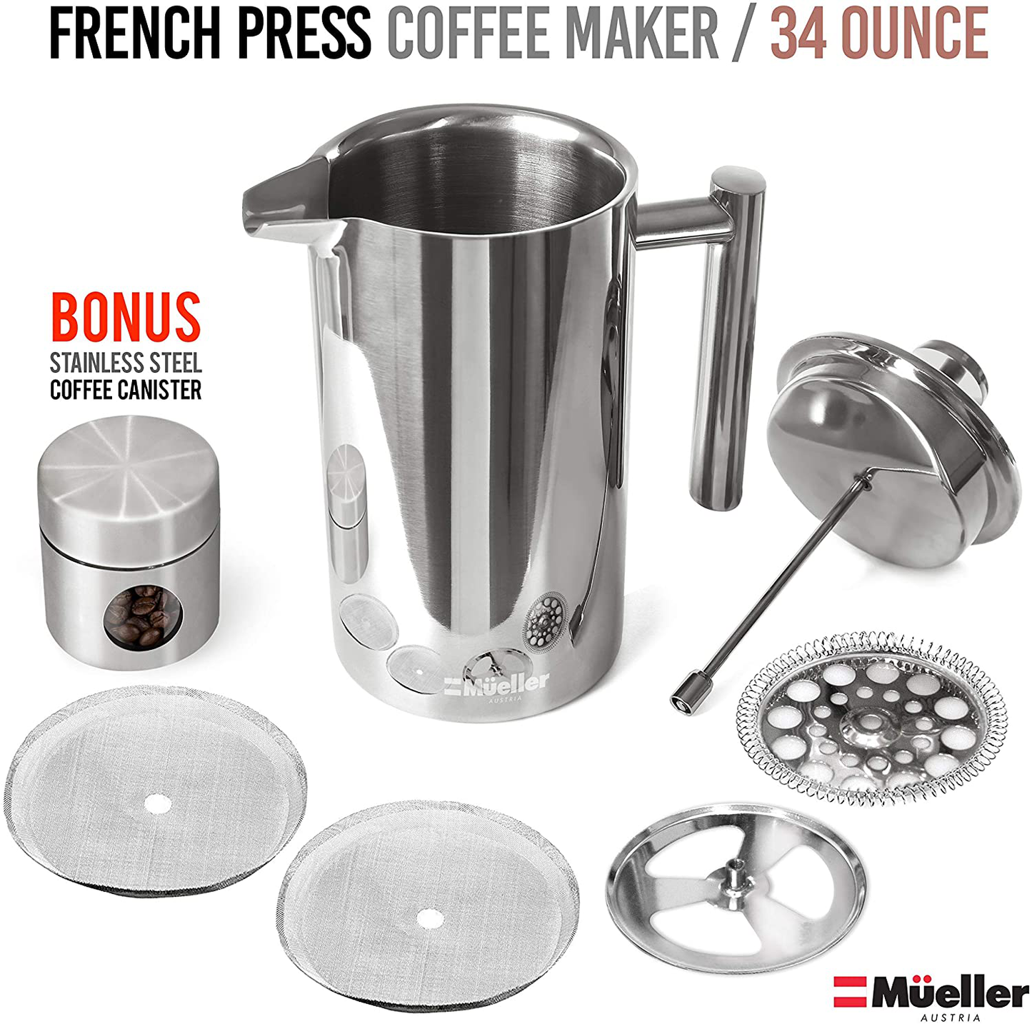 Mueller French Press Double Insulated 304 Stainless Steel Coffee Maker 4 Level Filtration System, No Coffee Grounds, Rust-Free, Dishwasher Safe