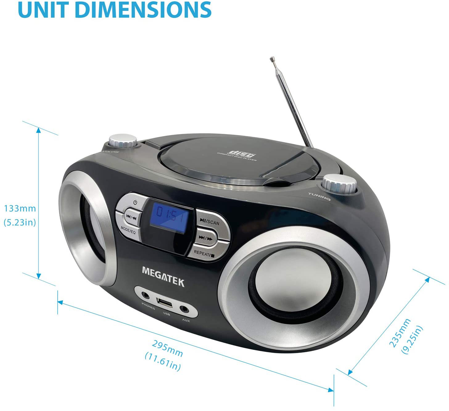 Megatek CB-M25BT Portable CD Player Boombox with FM Stereo Radio, Bluetooth Wireless & Enhanced Sound, CD-R/CD-RW/MP3/WMA Playback, USB Port, AUX Input, Headphone Jack, LCD Display, AC/Battery Powered